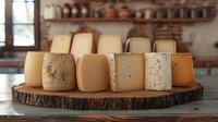 Artisanal cheese wheels displayed on rustic wooden board, variety of aged dairy products arranged in rustic kitchen setting with blurred shelves background.