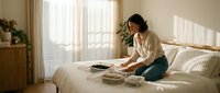Young Asian woman in casual white sweater sitting cross-legged on bed with breakfast tray, enjoying peaceful morning routine in bright minimalist bedroom.