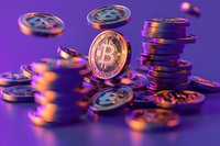 Golden Bitcoin coins stacked and scattered on purple background with dramatic lighting, symbolizing cryptocurrency wealth and digital finance.