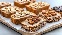 Healthy sandwiches with nut butter and various nuts on whole grain bread with seeds, arranged on wooden serving board. Fresh homemade protein snacks.