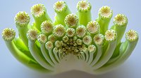Extreme close-up of fresh romanesco broccoli showing intricate spiral pattern and fractal geometry in bright green and white colors against light background.