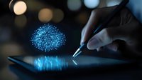 Digital cloud computing concept with glowing blue particles floating above tablet screen while person works on device in dark environment with bokeh lights.
