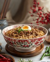 Asian noodle bowl with minced meat sauce, boiled egg and herbs served in traditional ceramic bowl with floral pattern on wooden board, moody lighting.