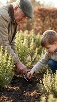 Senior Caucasian grandfather teaching young blonde grandson gardening skills, planting seeds together in sunny autumn garden with warm golden light.