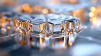 Metallic silver cubes with golden light reflections on mirror surface create modern abstract composition with depth and geometric patterns in cool tones.