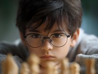 Young Asian boy wearing round glasses concentrates intensely on chess game, with chess pieces blurred in foreground against dark green background.
