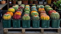 Colorful flowering cactus plants in green plastic pots arranged on wooden pallet display. Various species with bright blooms in yellow, orange, red and pink create vibrant garden collection.