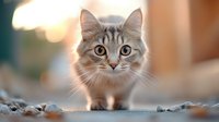 Curious gray tabby cat with bright eyes looking directly at camera against blurred warm background, creating engaging pet portrait with shallow depth of field.