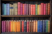 Colorful vintage hardcover books arranged on wooden bookshelf, spines showing rainbow spectrum of colors from blue to red, creating organized library display.