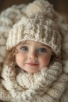 Young caucasian child wearing cream knitted winter hat and scarf, with blue eyes and curly hair, smiling warmly at camera against soft blurred background.