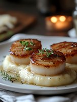 Pan-seared scallops served on creamy mashed potatoes garnished with fresh herbs and black pepper, elegant restaurant-style presentation in warm lighting.