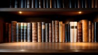 Vintage leather-bound books arranged on wooden library shelf with dramatic lighting, creating atmospheric mood for literature, education and knowledge concepts.
