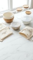 Eco-friendly food storage containers with wooden lids and fabric bags arranged on marble countertop near bright window for sustainable kitchen organization and zero-waste living.