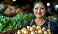 Young Asian woman farmer holding fresh harvested potatoes in rustic market setting with organic vegetables and warm ambient lighting in background.
