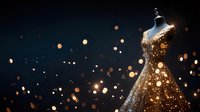 Elegant golden sequin dress on mannequin with sparkling bokeh lights on dark background, suitable for fashion, luxury retail, and evening wear marketing.