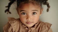 Young African American girl with natural hair in braids wearing beige knit sweater looking at camera with gentle expression against neutral background.