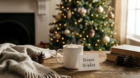 Steaming mug of hot cocoa with marshmallows beside a Warm Wishes card on a wooden table with cozy Christmas tree bokeh lights.