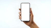 Hand holding modern smartphone with blank white screen mockup isolated on white background for app presentation and mobile interface design.