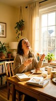 Woman with long dark hair, Hispanic ethnicity, sitting at wooden table eating breakfast in bright, plant-filled home office with warm yellow walls and natural light from large windows.