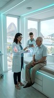 Female doctor and nurse consulting with elderly Caucasian male patient using holographic heart display in modern medical office with panoramic city view.