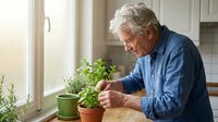 Senior Caucasian man tending to potted herbs on kitchen windowsill, indoor gardening and healthy lifestyle concept for retirement living.