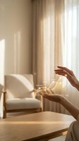 Woman's hands holding a glowing holographic wellness chart with mindfulness, strength and balance metrics in a warm, sunlit modern interior.