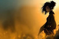 Silhouette of young woman with windswept hair against golden sunset background, creating dramatic atmospheric mood for book covers or emotional storytelling.