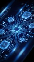 Blue illuminated circuit board with microchips and electronic components showcasing modern technology and digital innovation for tech industry applications.