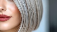 Close up portrait of young woman with platinum blonde bob haircut and pink lips showing modern minimalist beauty look on light background.