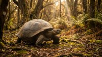 Giant tortoise walking through lush forest with moss-covered trees and golden sunlight filtering through canopy, wildlife nature scene.