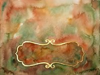 Vintage watercolor background with ornate gold frame featuring warm rust, sage green, and cream tones. Suitable for invitations, cards, scrapbooking, and decorative design projects.
