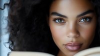 Close-up portrait of young African American woman with curly hair and natural makeup looking directly at camera with confident expression.