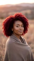 Young African American woman with vibrant red curly hair wearing beige coat in golden hour mountain landscape for lifestyle and beauty content.