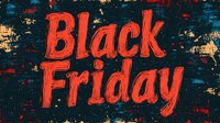 Red grunge Black Friday text on dark textured background with distressed effect and splatter marks creates dramatic seasonal retail promotion design.