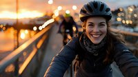 Young Caucasian woman in cycling helmet and winter clothes smiling while riding bike on urban bridge at sunset with bokeh lights and warm evening atmosphere.
