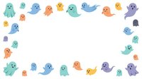 Cute ghost characters in pastel colors isolated on white background, arranged in a border frame design. Perfect for Halloween decorations, children's invitations, greeting cards, and festive clipart projects.