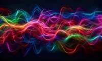 Vibrant multicolored light waves flow across dark background creating dynamic abstract pattern with neon pink, blue, green and orange glowing lines and curves.