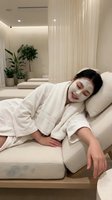 Young Asian woman relaxing on sofa with facial mask in modern spa interior. Self-care skincare routine at home wellness center with plants and soft lighting.
