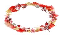 Asian-inspired oval frame with red watercolor splashes, cherry blossoms, pagodas and decorative elements on white background for festive designs.