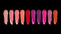 Lipstick swatches in ten shades ranging from nude and coral to deep red, magenta, and purple. Isolated on transparent background, ready for cosmetics design, print-on-demand products, and digital beauty graphics.