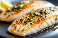 Grilled white fish fillet seasoned with herbs, black pepper and garnished with fresh parsley, served on dark plate with lemon wedge, close up view of seafood dish.