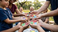 Diverse group of people stacking hands together outdoors in park, showing unity, teamwork, and community support. Multigenerational family bonding moment.