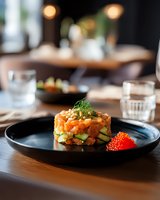 Fresh salmon tartare layered with diced cucumber and avocado, garnished with micro greens and red caviar, served on black ceramic plate in upscale restaurant setting.