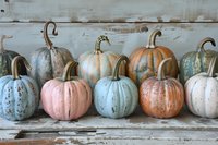 Trendy pastel painted pumpkins in soft blue, pink, and copper tones with metallic accents arranged on rustic white wooden background, perfect for modern fall decor and holiday design.