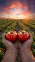 Farmer hands holding fresh ripe tomatoes at sunset in agricultural field with dramatic orange sky. Organic farming and harvest concept for food industry.
