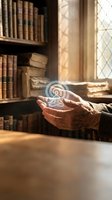 Elderly hands holding glowing wifi symbol in vintage library with antique books and warm sunlight streaming through diamond-paned window for digital connectivity concept.
