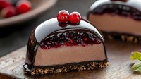 Chocolate mousse dome cake with cherry topping and chocolate mirror glaze on dark cookie base, garnished with fresh cherries and mint leaves on wooden surface.