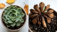 Young green succulent plant in white pot next to dried brown flower bulb in soil, indoor gardening contrast between life and decay stages.