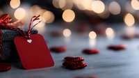 Romantic gift with red tag and heart decoration against blurred bokeh lights background, scattered hearts on wooden surface for Valentine's day celebration.