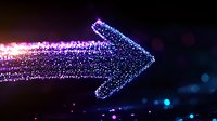 Glowing purple and blue arrow made of sparkling particles against dark background, digital art concept for direction, progress and technology advancement.